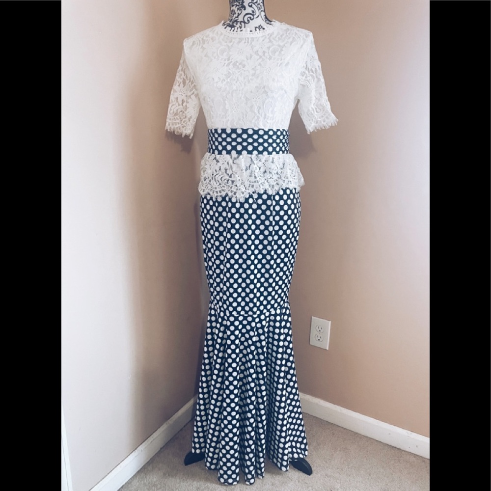Maxi HIGH WAIST LACE POlka dots Navy White DRESS